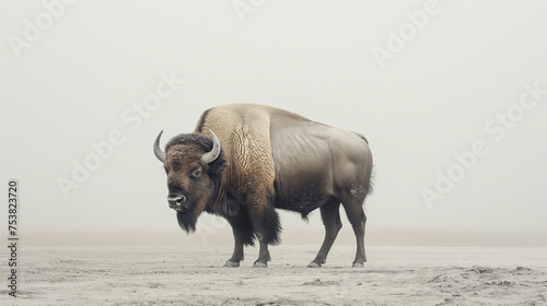 Wild bison stand in the barren land - environment concept