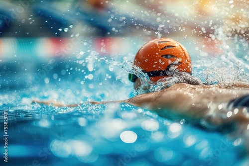 Focused swimmer mid-stroke in race