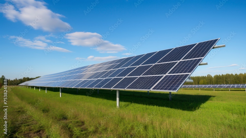 Solar energy panels in a green field with blue sky and sun