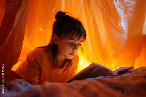 Niña leyendo un libro en su cama photo