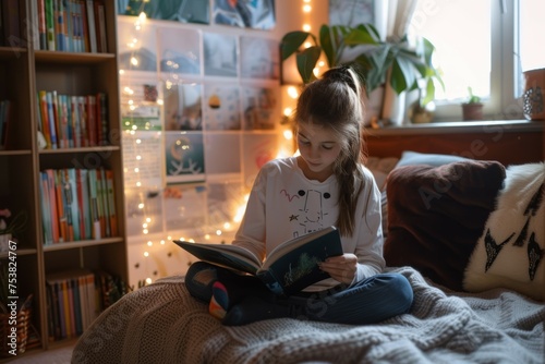 Niña leyendo un libro en su cama