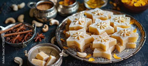 Kaju Katli is an Indian traditional sweet made from milk and cashew nuts. served during Diwali, festivals and holidays photo