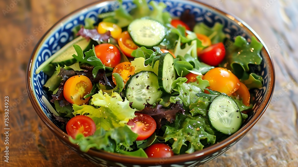 A colorful salad bursting with fresh greens, vibrant tomatoes, and crunchy cucumbers