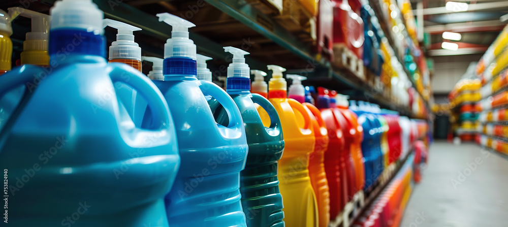 Industrial cleaning products on warehouse shelves Industrial cleaning products on warehouse shelves