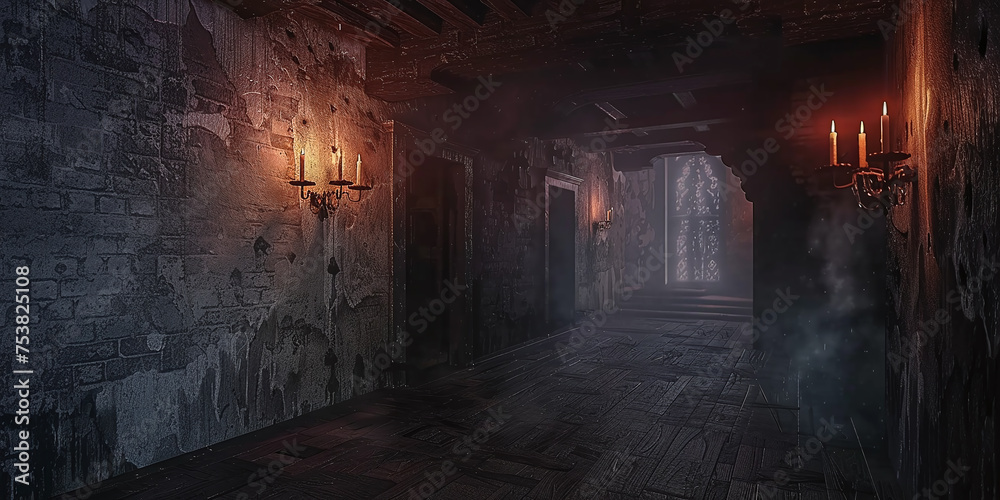 haunted castle interior on creepy spooky night. haunted castle interior on creepy spooky night.