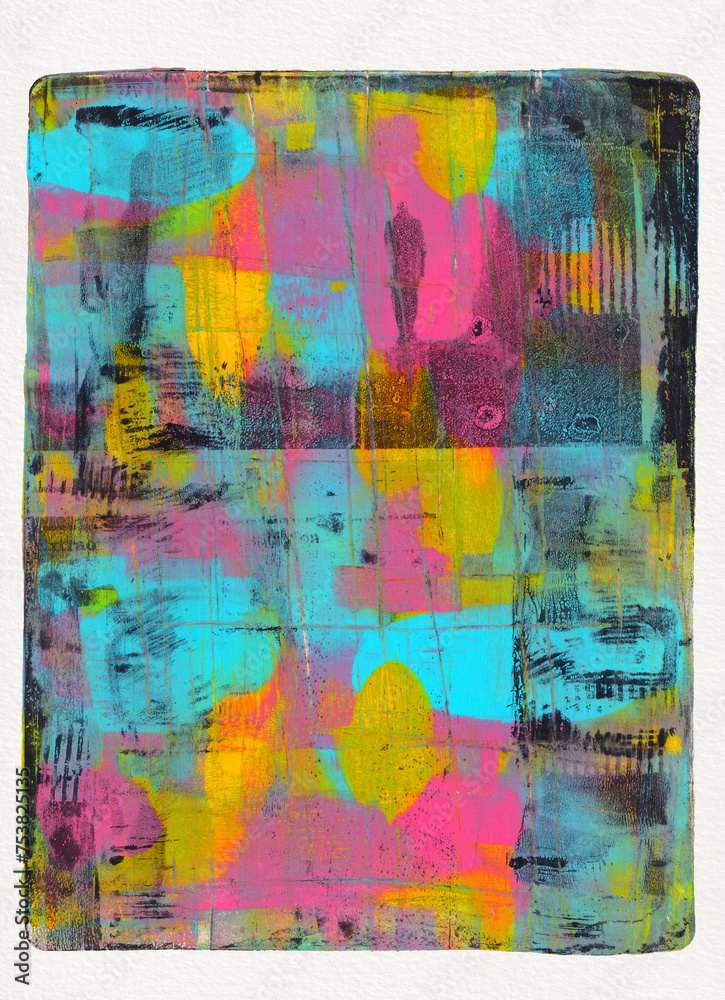 Printed acrylic abstract In yellow, pink, turquoise and black Printed acrylic abstract In yellow, pink, turquoise and black