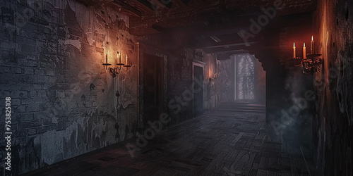 haunted castle interior on creepy spooky night.