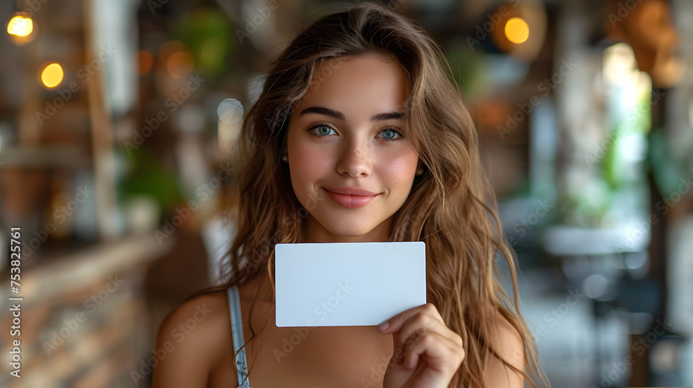 A woman holding a blank business card. White Paper Card for Mockup A woman holding a blank business card. White Paper Card for Mockup