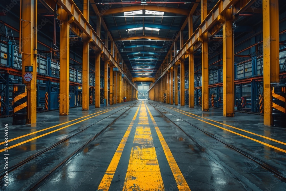 Fototapeta premium Symmetrical view of a long, empty industrial corridor with yellow safety lines and vibrant lighting, suggesting a path forward
