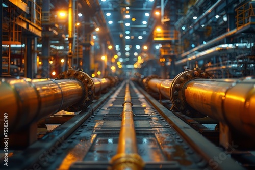 An atmospheric shot of shining pipes and valves in an industrial setting at night, highlighting technology and engineering