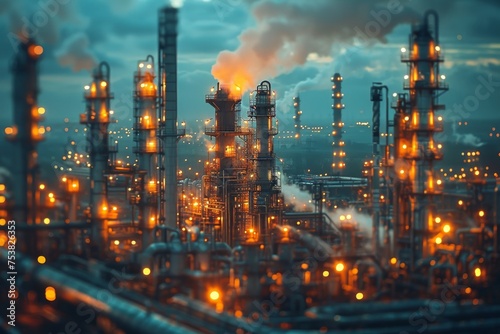 The stunning visual of an oil refinery with its towering structures and ambient lights set against the vibrant twilight sky