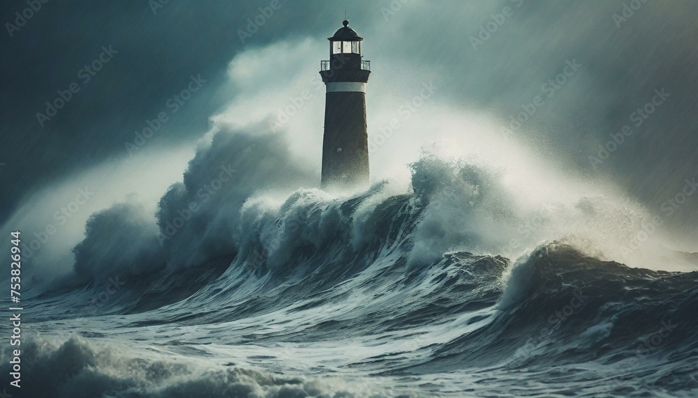 Storm with big waves over the lighthouse at the ocean 