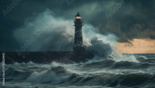 Storm with big waves over the lighthouse at the ocean  © Marko