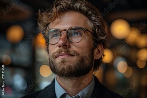 A young man appears thoughtful in a cozy atmosphere, his retro glasses enhancing his earnest look