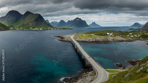Summer cloudy sea coast panorama with road and bridge