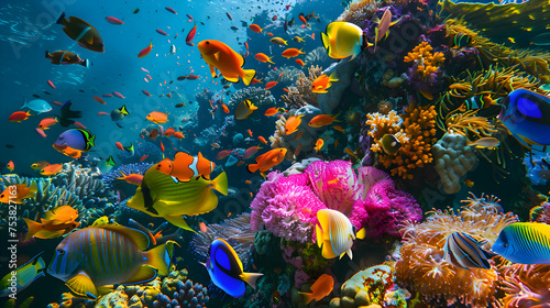 A colorful array of tropical fish darting among coral reefs