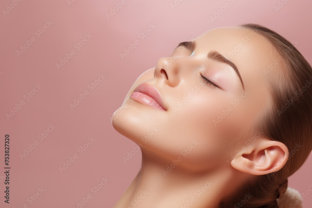 Close-up of a young attractive woman's face, with clear skin and matching makeup against a pink background Close-up of a young attractive woman's face, with clear skin and matching makeup against a pink background
