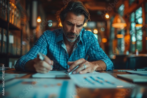 A mature man with a beard focused on paperwork in a well-lit vintage office
