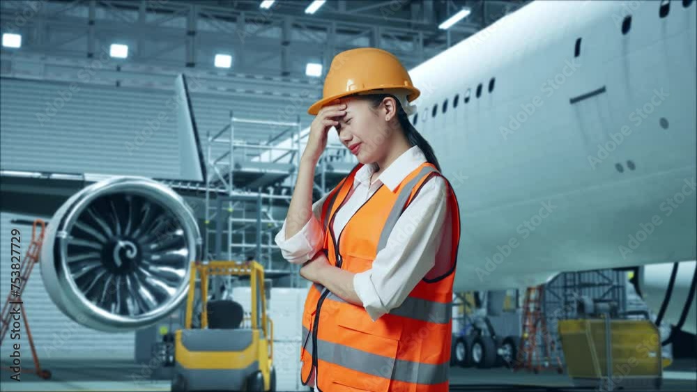 Side View Of Asian Female Engineer With Safety Helmet Having A Headache While Standing With Aircraft In The Hangar Side View Of Asian Female Engineer With Safety Helmet Having A Headache While Standing With Aircraft In The Hangar