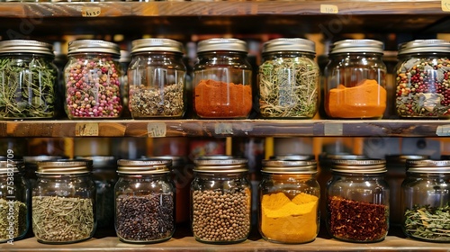 A colorful array of spices and herbs arranged neatly in jars on a kitchen shelf