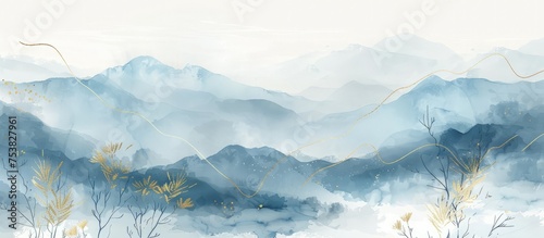A realistic watercolor painting depicting a majestic mountain range with snow-capped peaks under a clear blue sky. photo