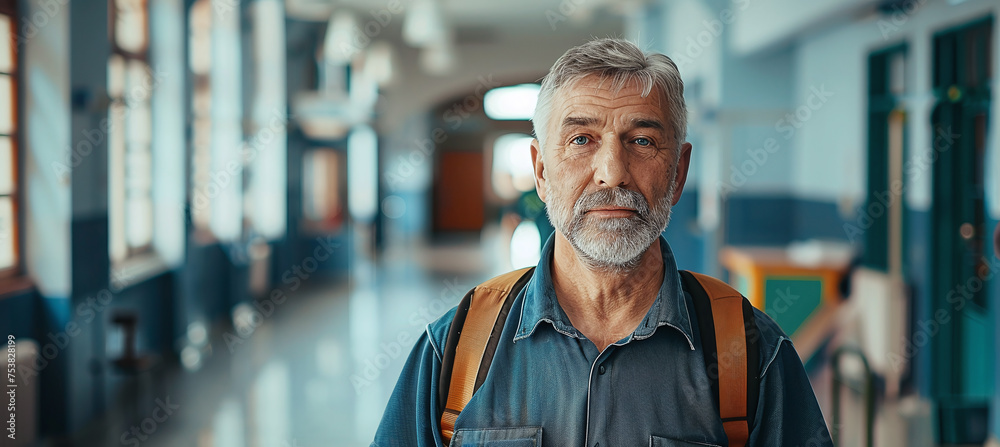 Portrait of a middle aged male janitor in schoo - obrazy, fototapety, plakaty 