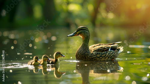 A family of ducks gliding gracefully across a tranquil pond