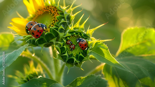 A family of ladybugs exploring the leaves of a sunflower plant