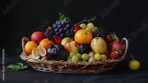 a colorful array of seasonal fruits arranged in a woven fruit basket  capturing the essence of each fruit s unique flavor and aroma