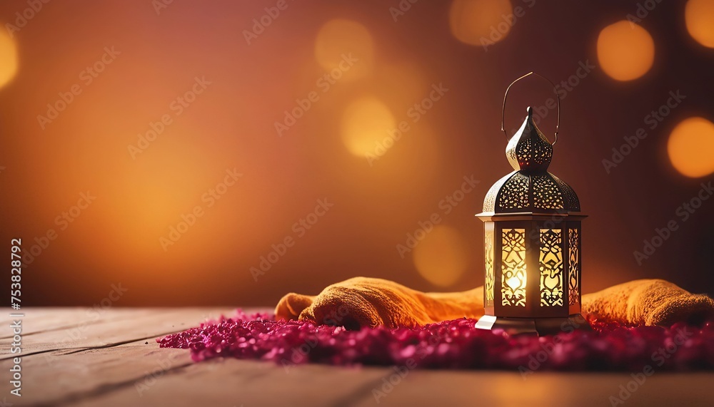 Ramadan Kareem greeting card. Arabic lantern on wooden table with bokeh background