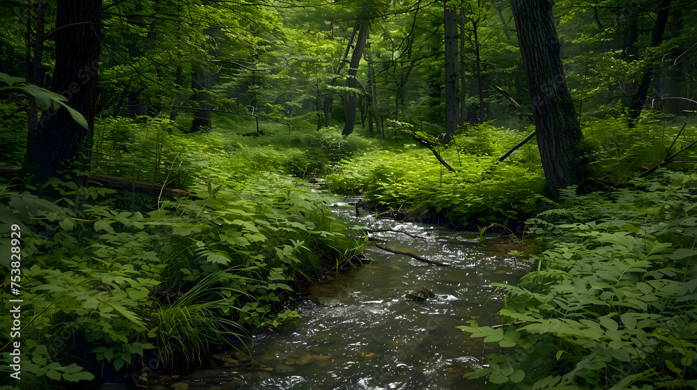 A gentle stream winding through a verdant forest undergrowth