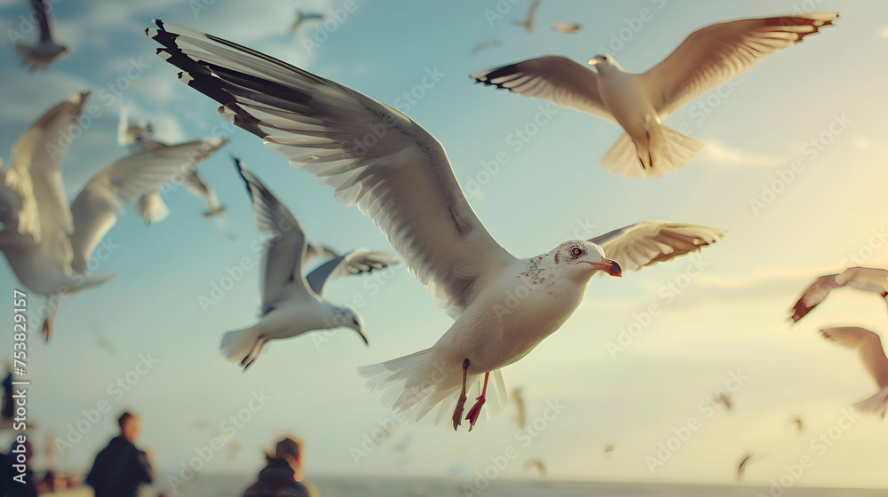 Obraz premium A group of seagulls soaring over a bustling seaside boardwalk