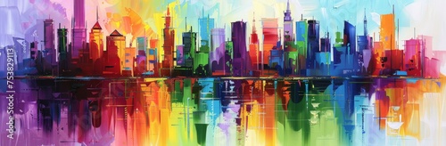 A painting featuring a colorful city skyline with tall buildings and a bright sky. © pham