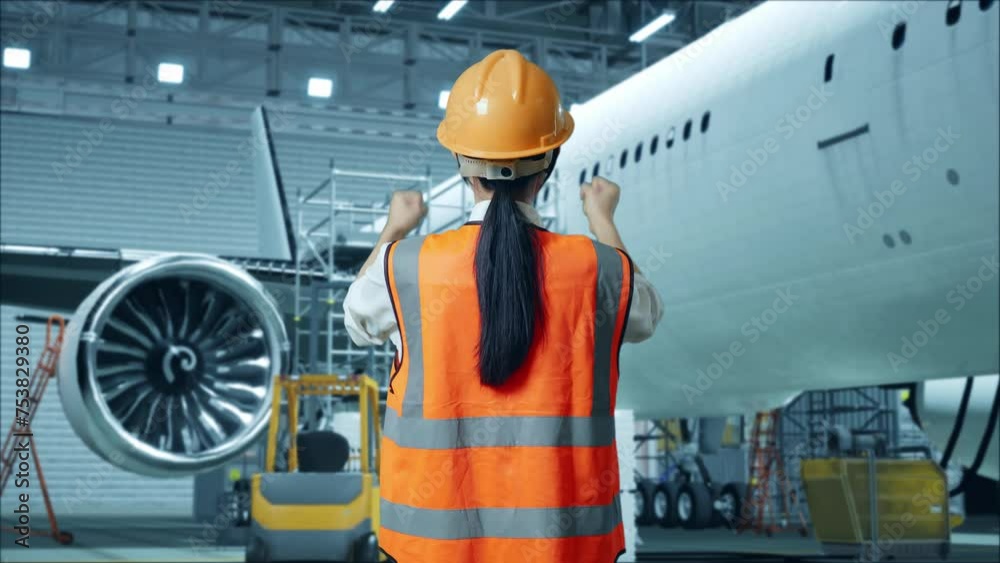 Back View Of Asian Female Engineer With Safety Helmet Standing Raising Her Hands Celebrating Working With Aircraft In The Hangar Back View Of Asian Female Engineer With Safety Helmet Standing Raising Her Hands Celebrating Working With Aircraft In The Hangar