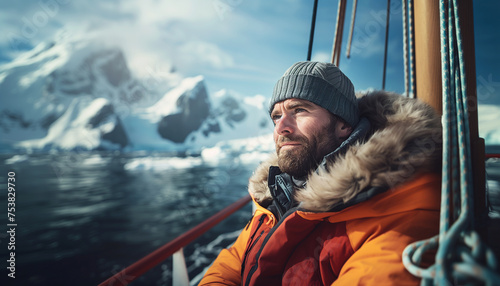 Polar Explorer bearded man portrait on research vessel moving polar seas between mountains during long polar day. Climate change, Global warming and flora and fauna researching in polar zones concept photo