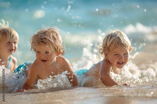 Playful children in close-up on the seashore, playing on the beach. Summer concept. © Sanja