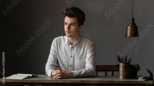 Homem sentado em sua mesa no escritório isoaldo no fundo cinza 