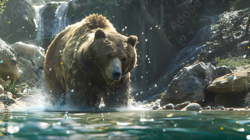 A majestic grizzly bear fishing in a sparkling river