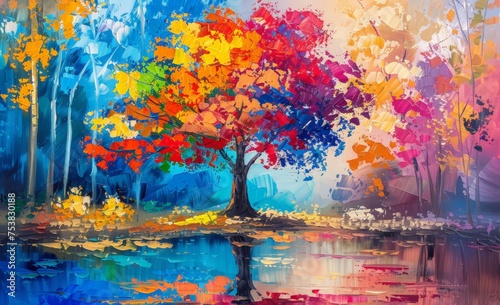 A vibrant tree stands out against a rainy backdrop in this painting, with raindrops falling and splashing around it.