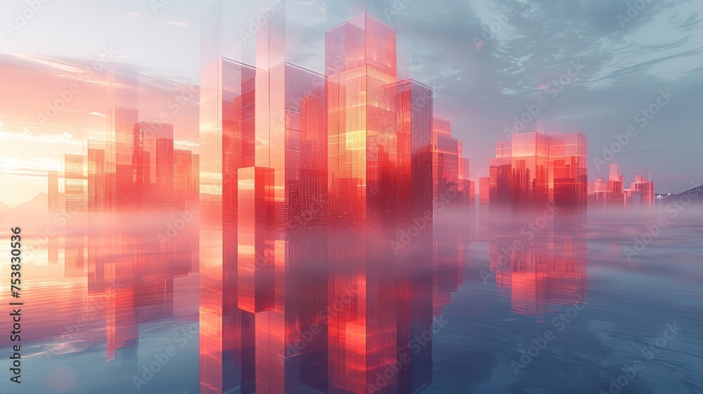 Sunset Mirage over Digital Metropolis. Reflective digital metropolis with vibrant red hues at sunset.