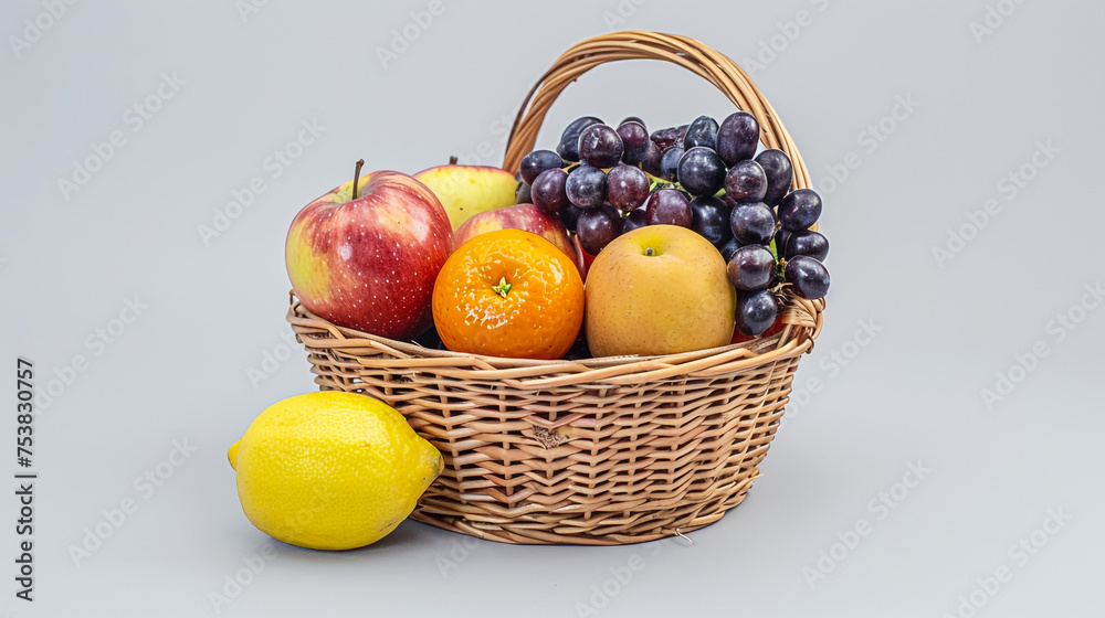 Wicker basket with different fruits on white background, top view