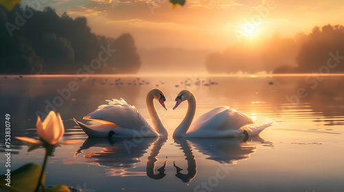 A pair of graceful swans gliding across a tranquil pond at sunset