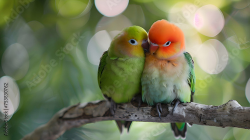 A pair of lovebirds cuddled up together on a tree branch