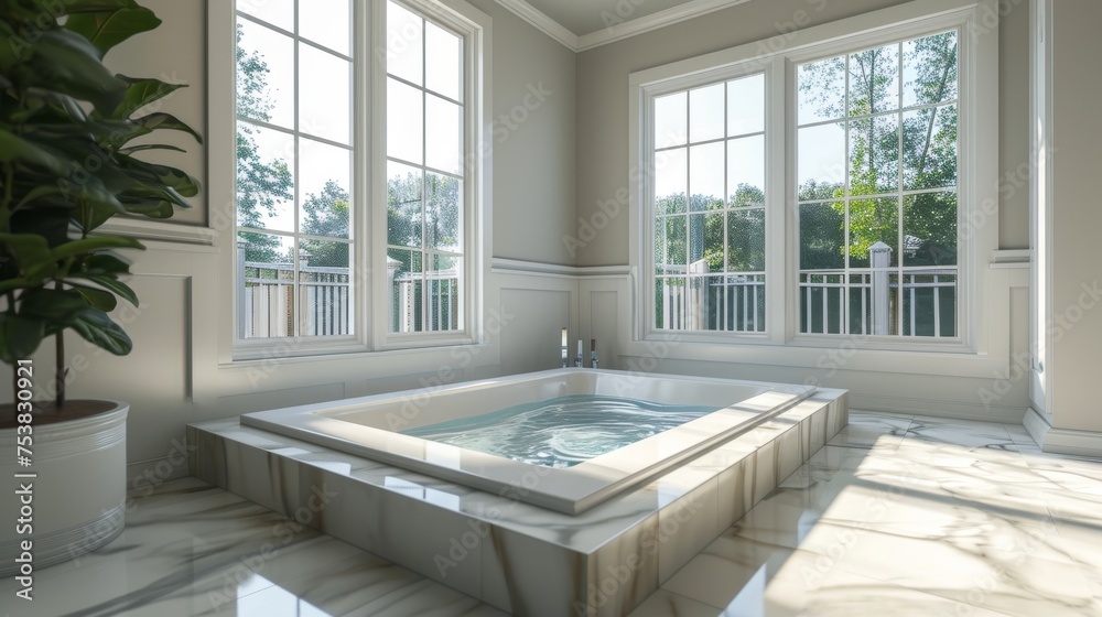 Modern bathroom with a swimming pool and large windows Modern bathroom with a swimming pool and large windows