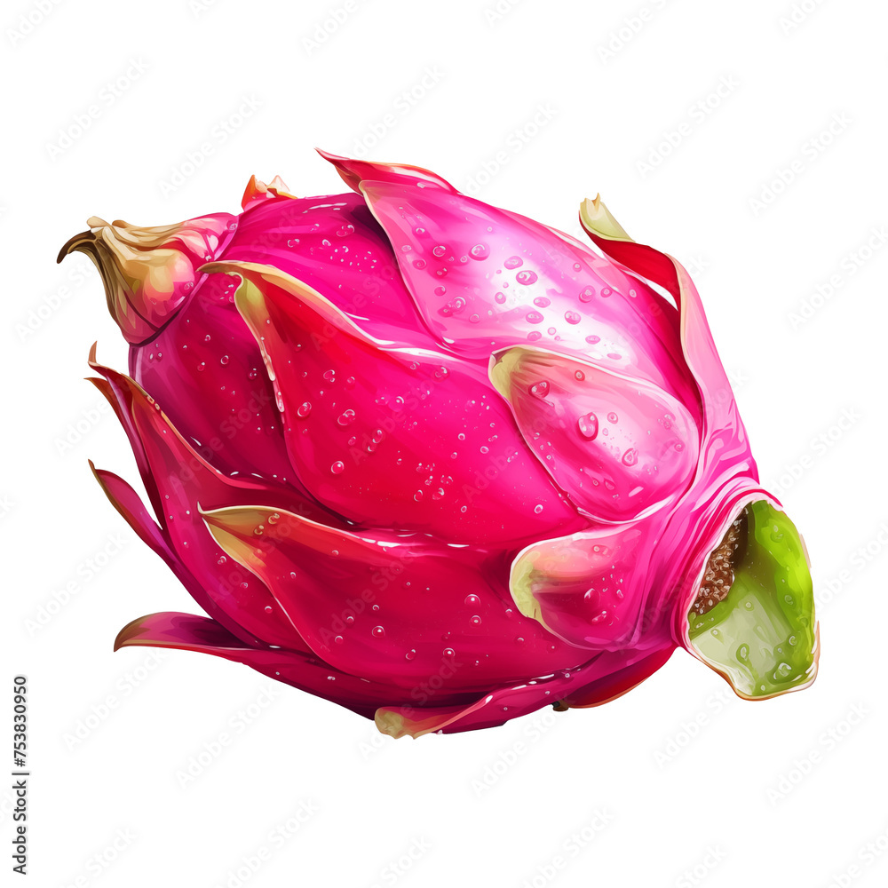 A ripe, water-droplet covered dragon fruit depicted with vibrant pink hues against a pure white background