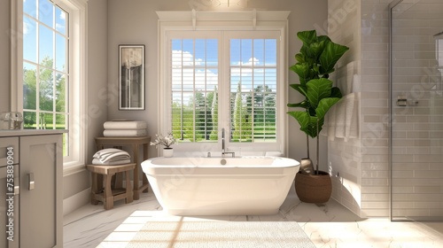 Bathroom interior. Bathtub and window