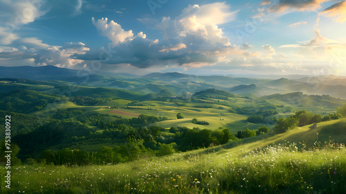 A panoramic vista of rolling hills and distant valleys