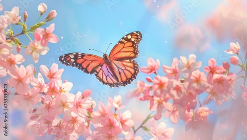 A butterfly The soft pink and white hues of the flowers contrast beautifully against the vibrant colors Generative AI