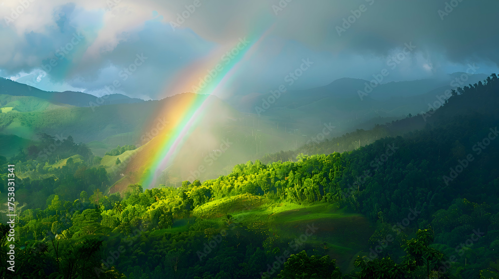 A rainbow arcing over a lush valley after a summer rain