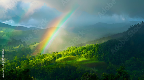 A rainbow arcing over a lush valley after a summer rain photo